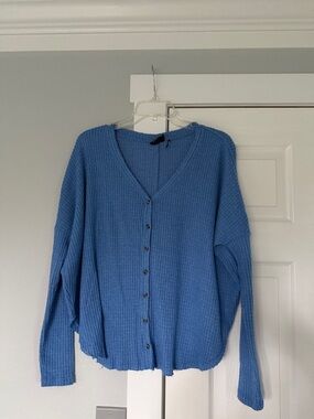 Urban Outfitters Cornflower Blue Waffle-Knit Button-Up Cardigan